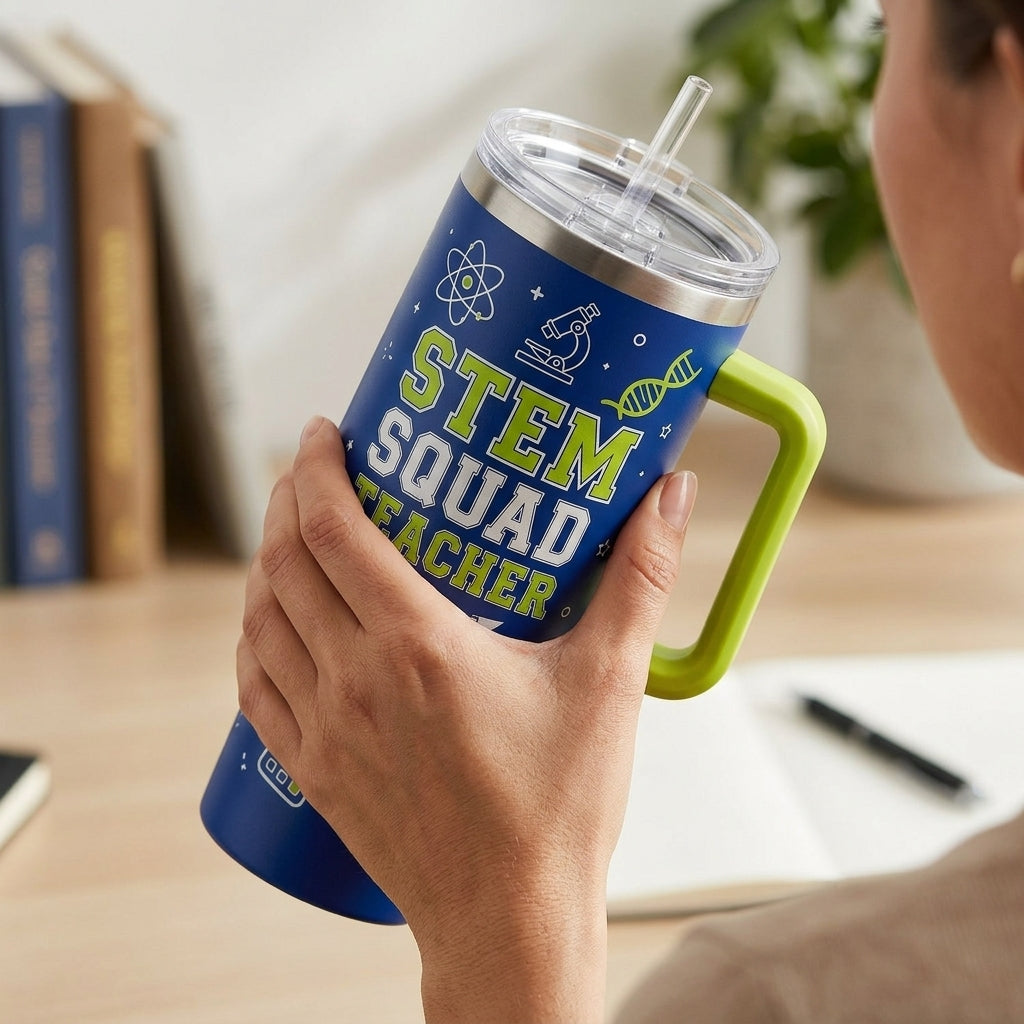 Personalized STEM Squad Teacher 40oz Tumbler with Handle - Custom Name Gift for Science & Math Educators