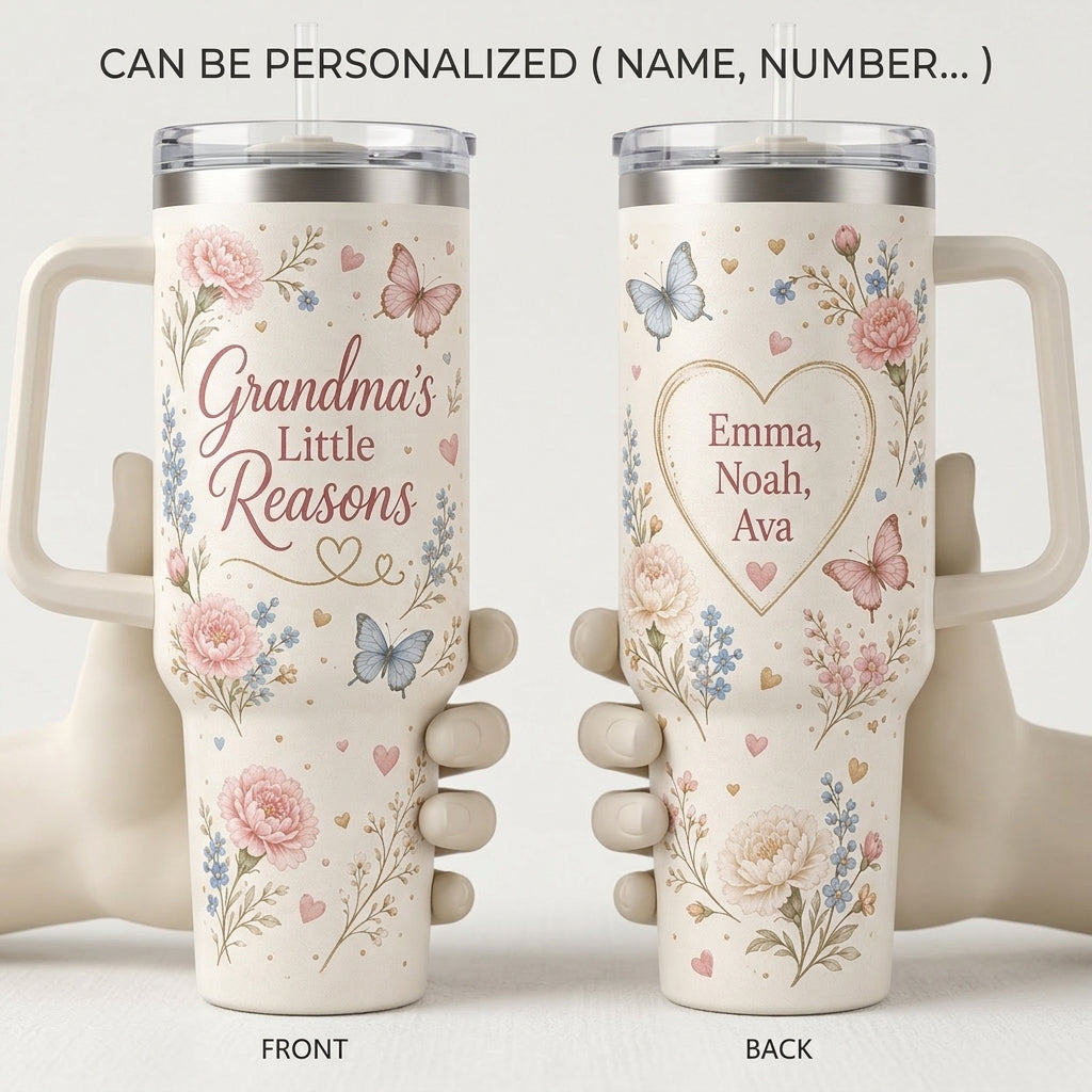 Personalized Grandma's Little Reasons 40oz Tumbler with Handle, Custom Grandkids Names Floral Mug