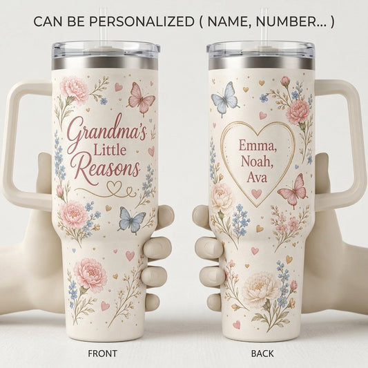 Personalized Grandma's Little Reasons 40oz Tumbler with Handle, Custom Grandkids Names Floral Mug
