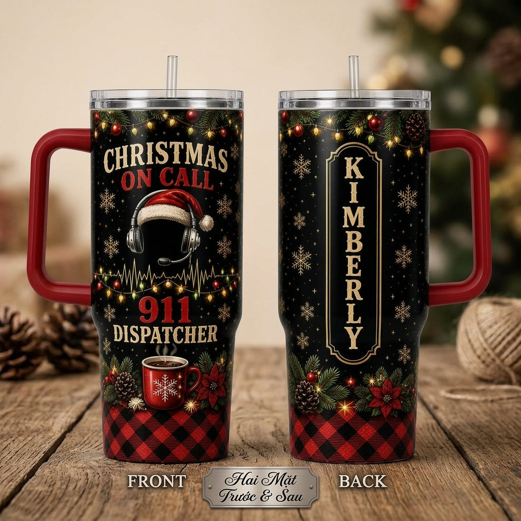 Personalized 911 Dispatcher Christmas 40oz Tumbler with Handle, Custom Name Holiday Gift