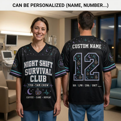 Personalized Night Shift Survival Club Football Jersey - Custom Name & Number Nurse Gift for RN LPN CNA