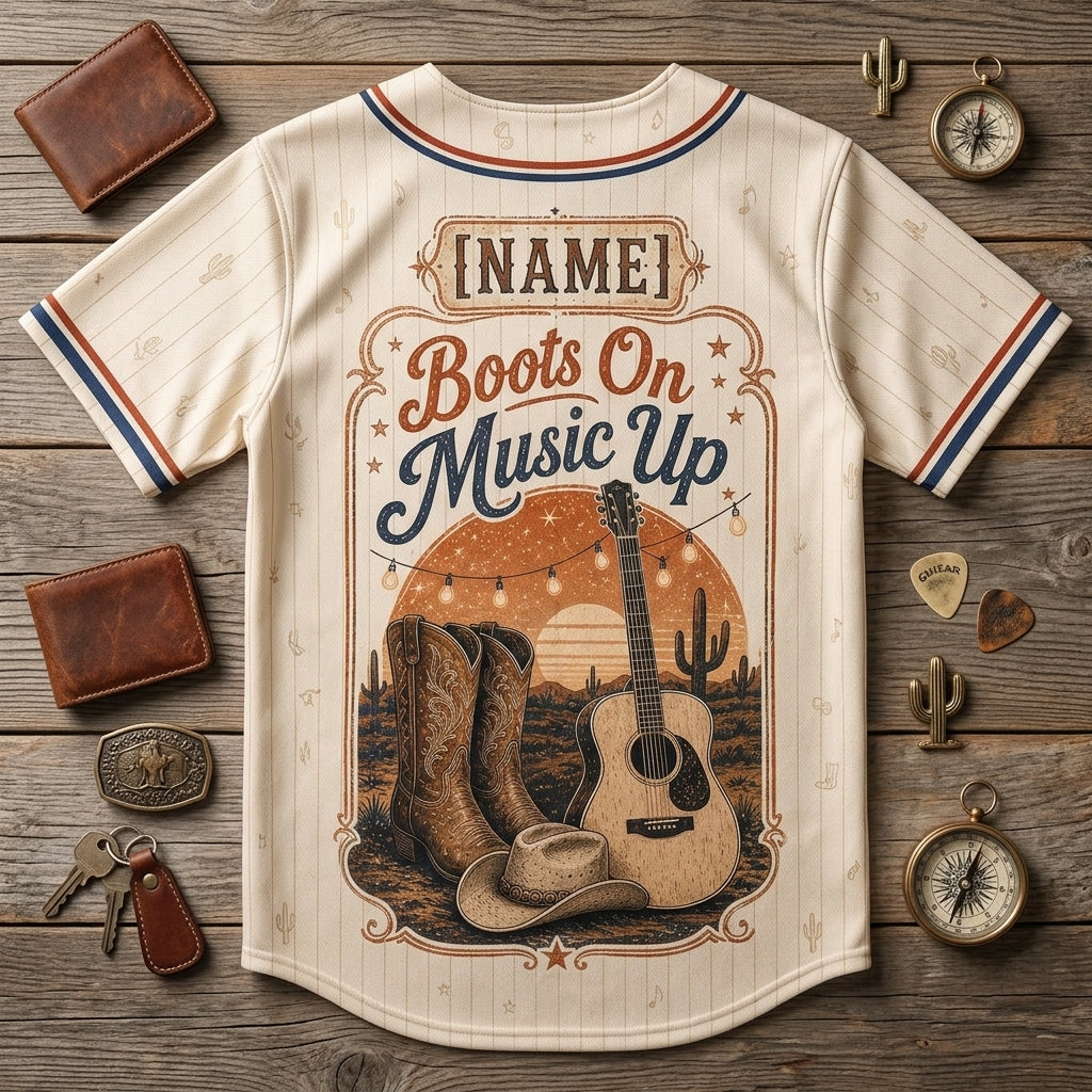Personalized Country Music Baseball Jersey - Custom Name Boots On Music Up Western Cowboy Shirt