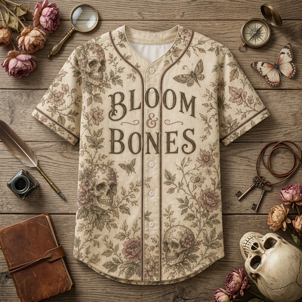 Personalized Bloom & Bones Vintage Gothic Skull and Floral Baseball Jersey - Custom Name Aesthetic Sportswear