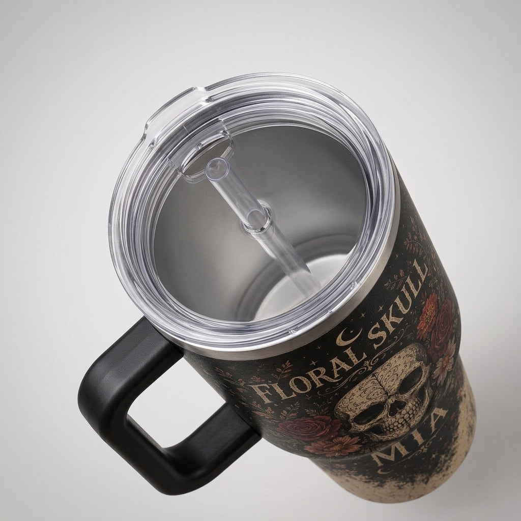 Personalized Floral Skull 40oz Tumbler with Handle, Gothic Rose Celestial Design Custom Name Travel Mug