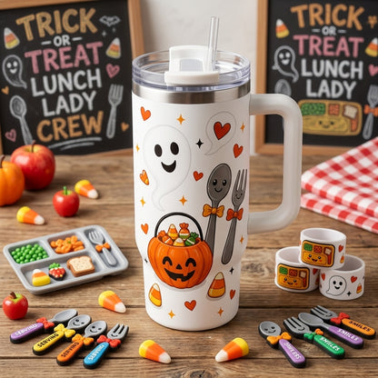 Personalized Trick or Treat Lunch Lady Crew 40oz Tumbler with Handle, Custom School Cafeteria Halloween Gift