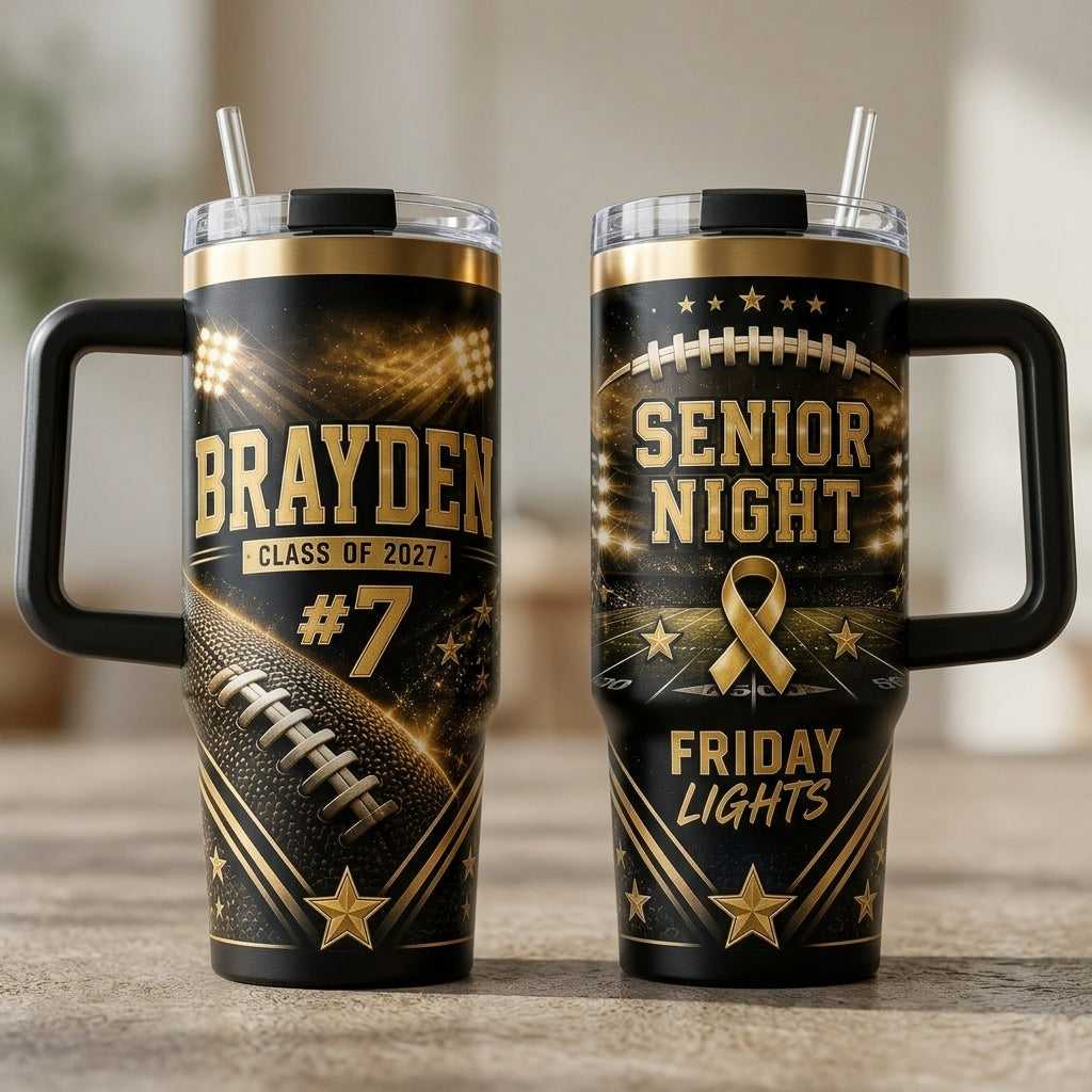 Personalized Football Senior Night 40oz Tumbler with Handle - Custom Name, Number, and Class Year