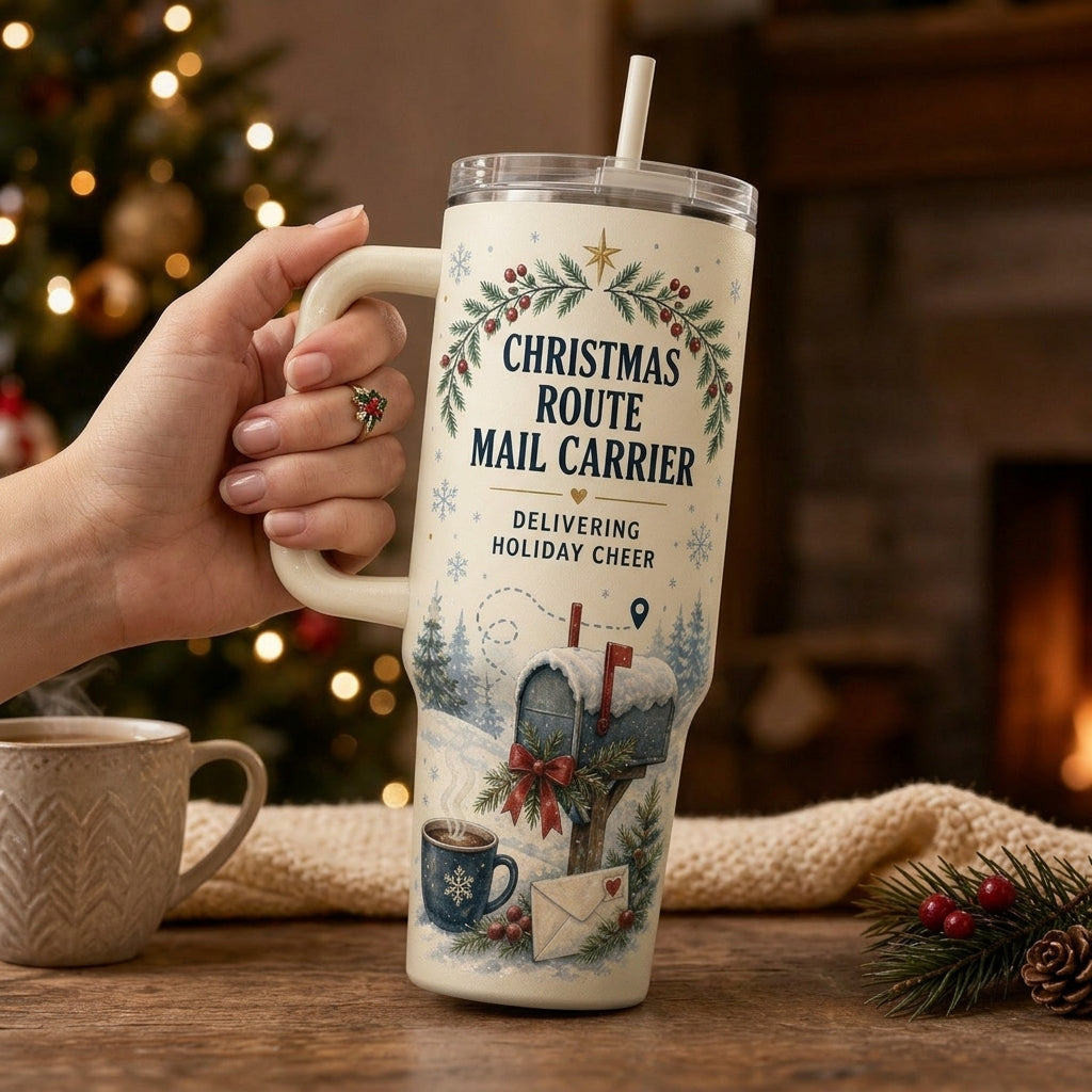 Personalized Christmas Route Mail Carrier 40oz Tumbler with Handle, Custom Name Postal Worker Gift