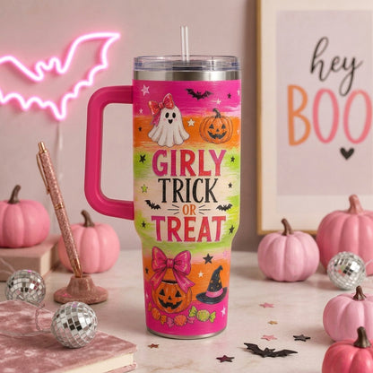 Girly Trick or Treat Halloween 40oz Tumbler with Handle - Pink Spooky Ghost & Pumpkin Hydration Cup