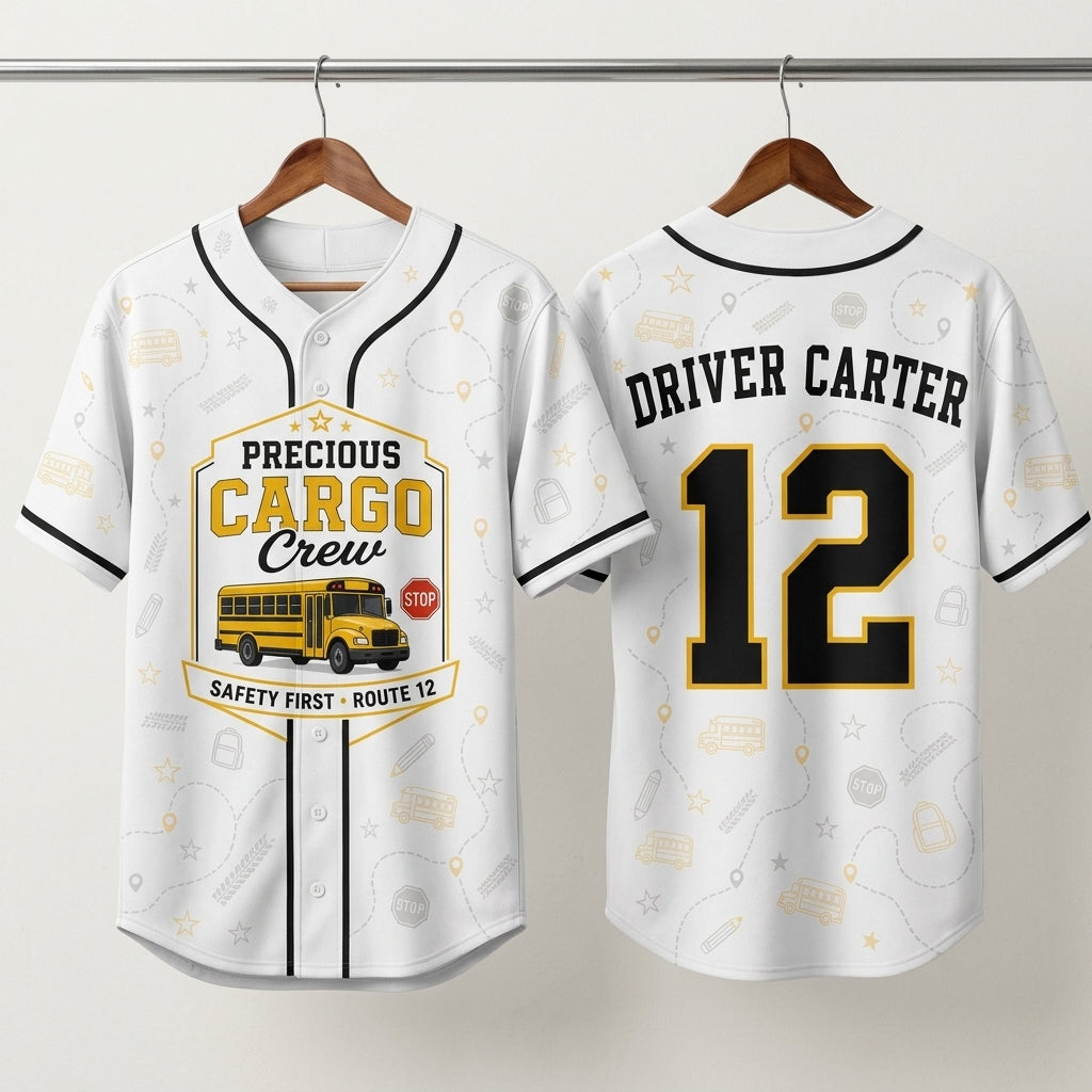 Personalized School Bus Driver Baseball Jersey - Precious Cargo Crew Custom Name & Number Shirt