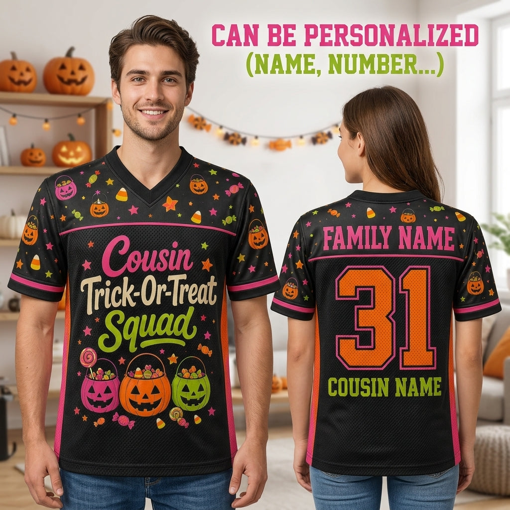 Personalized Cousin Trick-Or-Treat Squad Halloween Football Jersey - Custom Family Name & Number