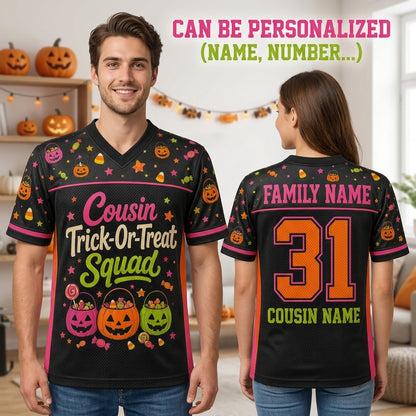 Personalized Cousin Trick-Or-Treat Squad Halloween Football Jersey - Custom Family Name & Number