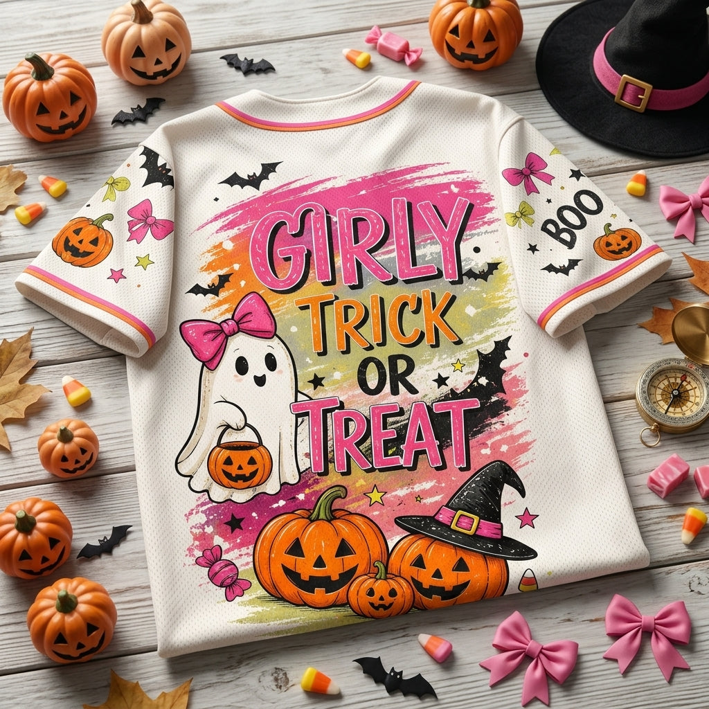 Girly Trick or Treat Halloween Baseball Jersey - Personalized Pink Ghost & Pumpkin Graphic Sport Shirt