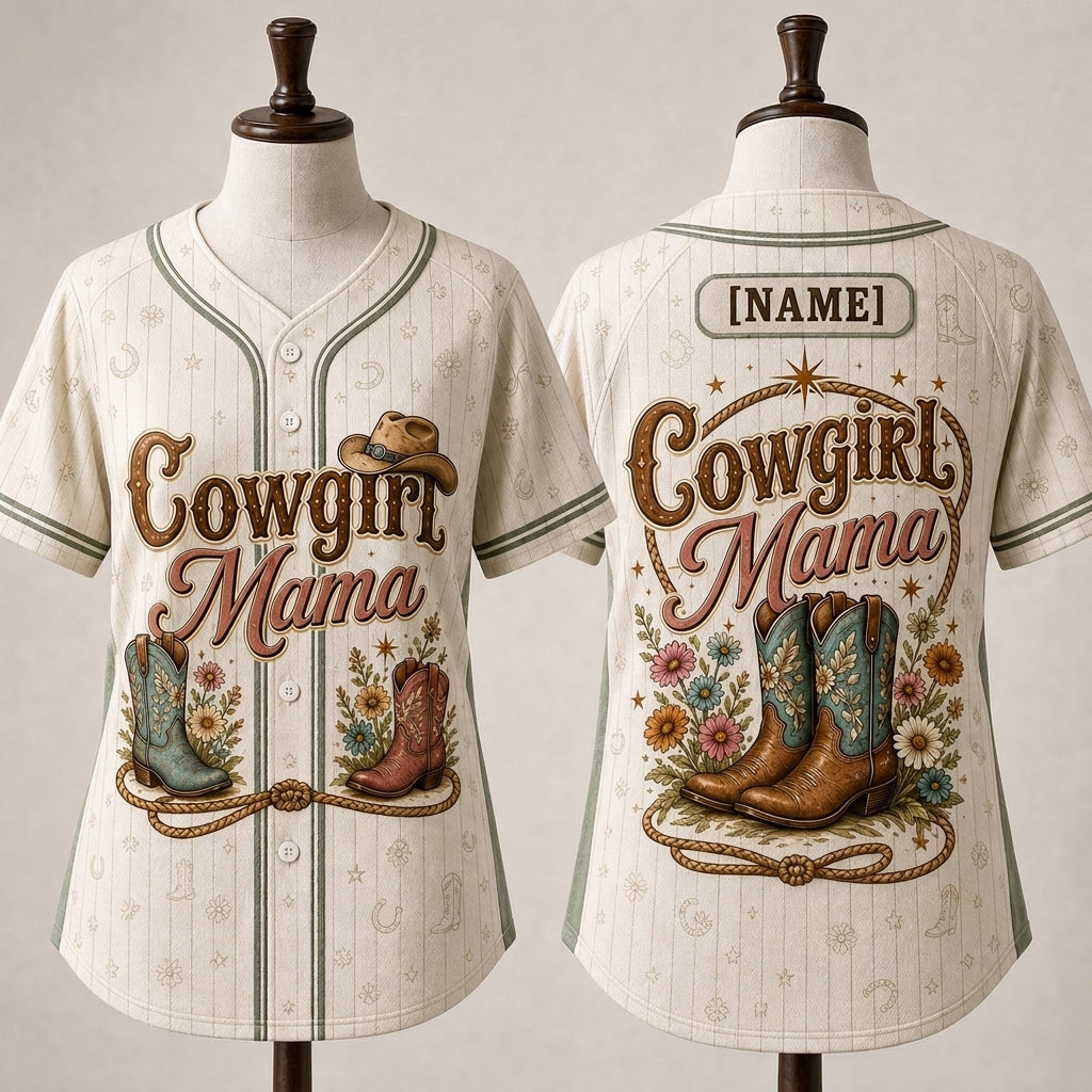 Personalized Cowgirl Mama Baseball Jersey - Custom Name Western Mom Shirt with Floral Boots