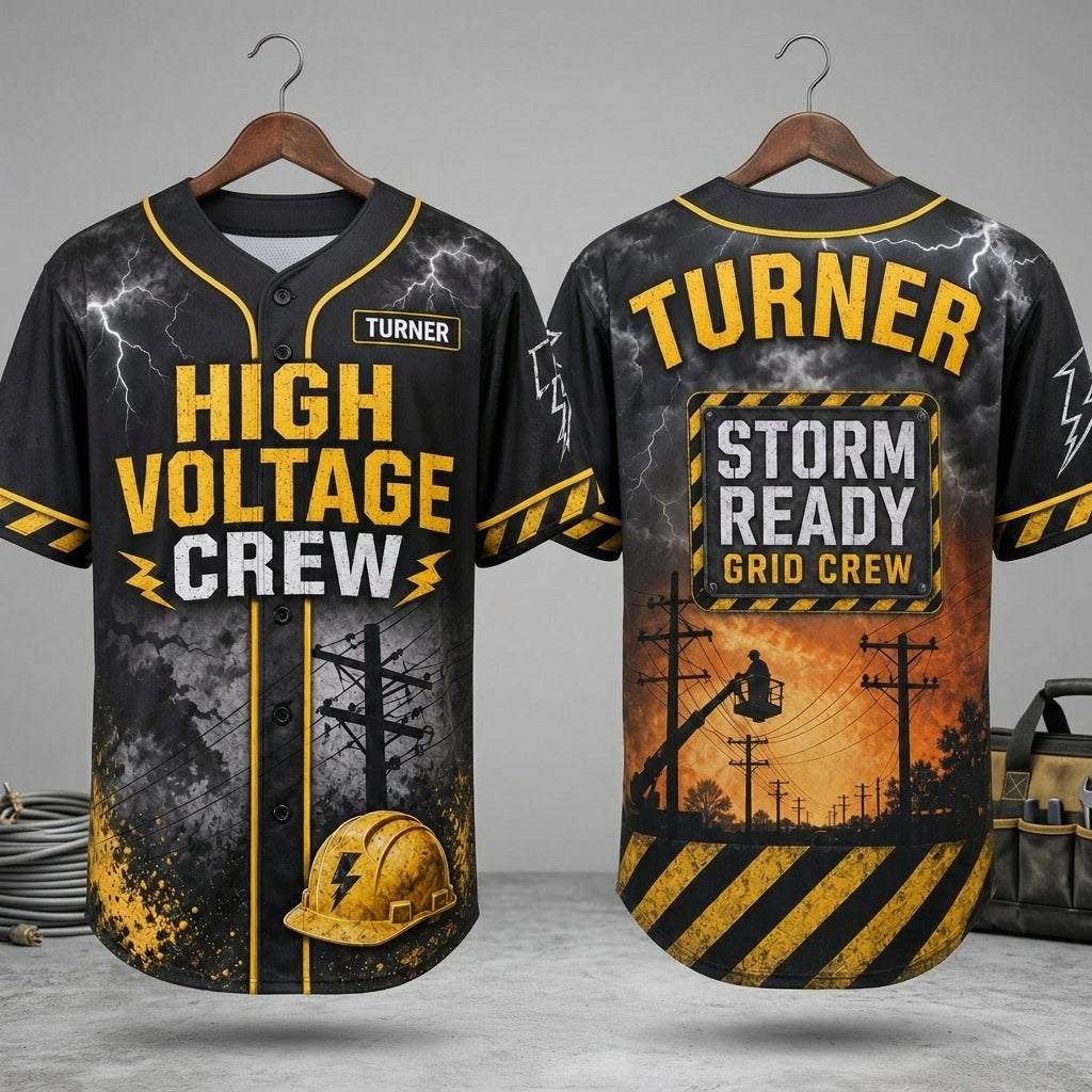 Personalized High Voltage Crew Baseball Jersey - Custom Name Lineman Gift - Storm Ready Grid Crew Athletic Shirt