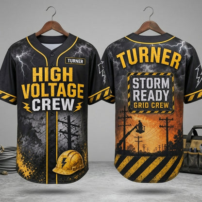 Personalized High Voltage Crew Baseball Jersey - Custom Name Lineman Gift - Storm Ready Grid Crew Athletic Shirt