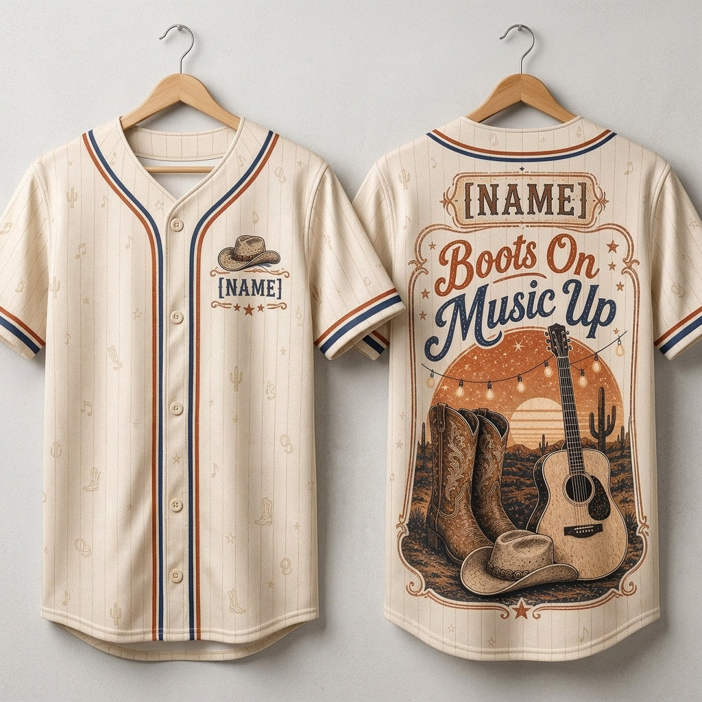 Personalized Country Music Baseball Jersey - Custom Name Boots On Music Up Western Cowboy Shirt