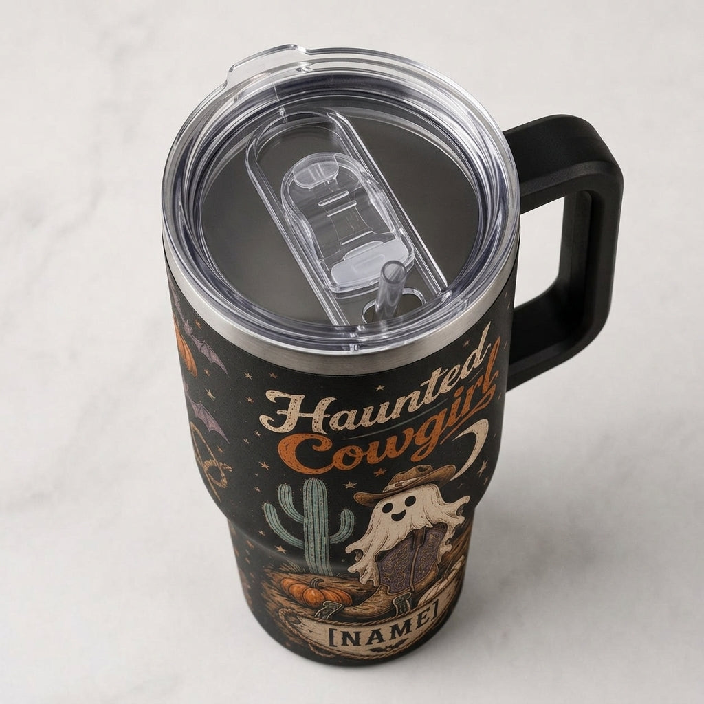 Personalized Haunted Cowgirl 40oz Tumbler with Handle - Custom Name Western Halloween Ghost Gift