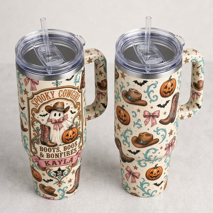 Personalized Spooky Cowgirl 40oz Tumbler with Handle, Custom Name Boots Boos & Bonfires Halloween Travel Mug
