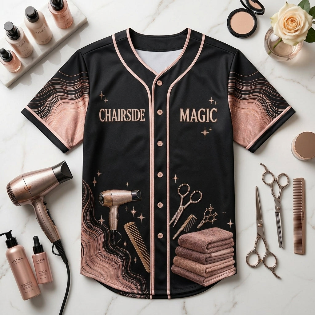 Personalized Hair Stylist Baseball Jersey - Custom Salon Name & Rose Gold Barber Tools Apparel - baseball jersey product view 4