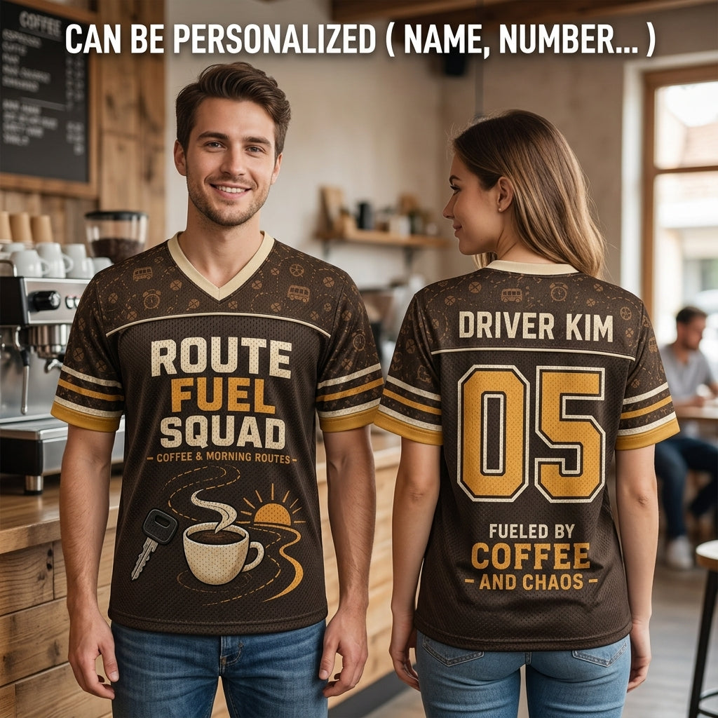 Personalized Route Fuel Squad Football Jersey - Custom Name and Number Coffee Lover Jersey for Drivers