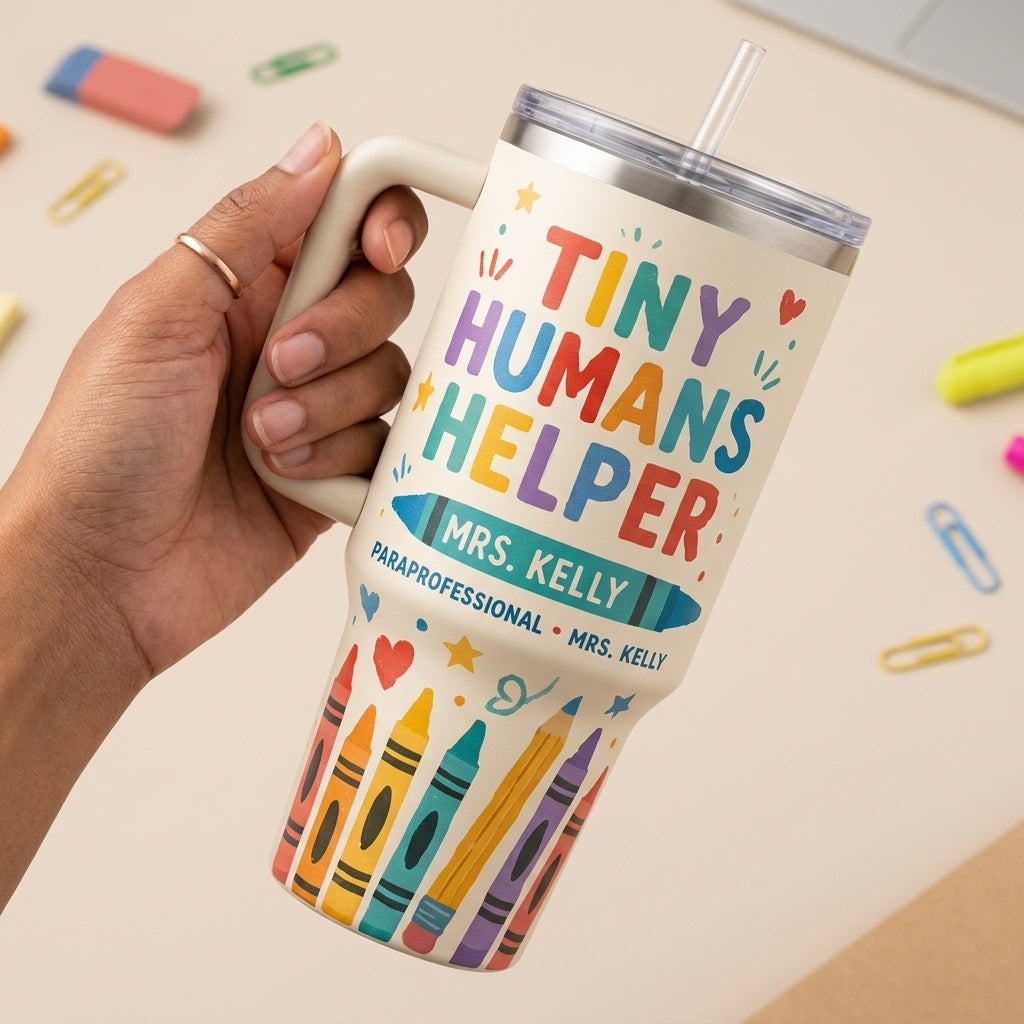 Personalized Tiny Humans Helper 40oz Tumbler with Handle - Custom Name Teacher & Paraprofessional Gift
