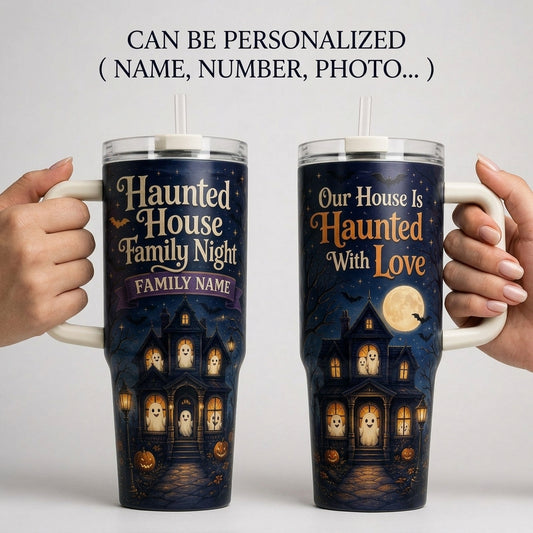 Personalized Haunted House Family Night 40oz Tumbler with Handle - Custom Name Halloween Gift