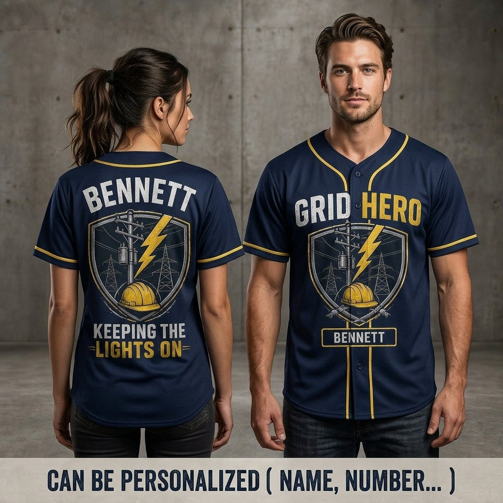 Personalized Lineman Baseball Jersey - Custom Name Grid Hero Electrical Worker Apparel Gift