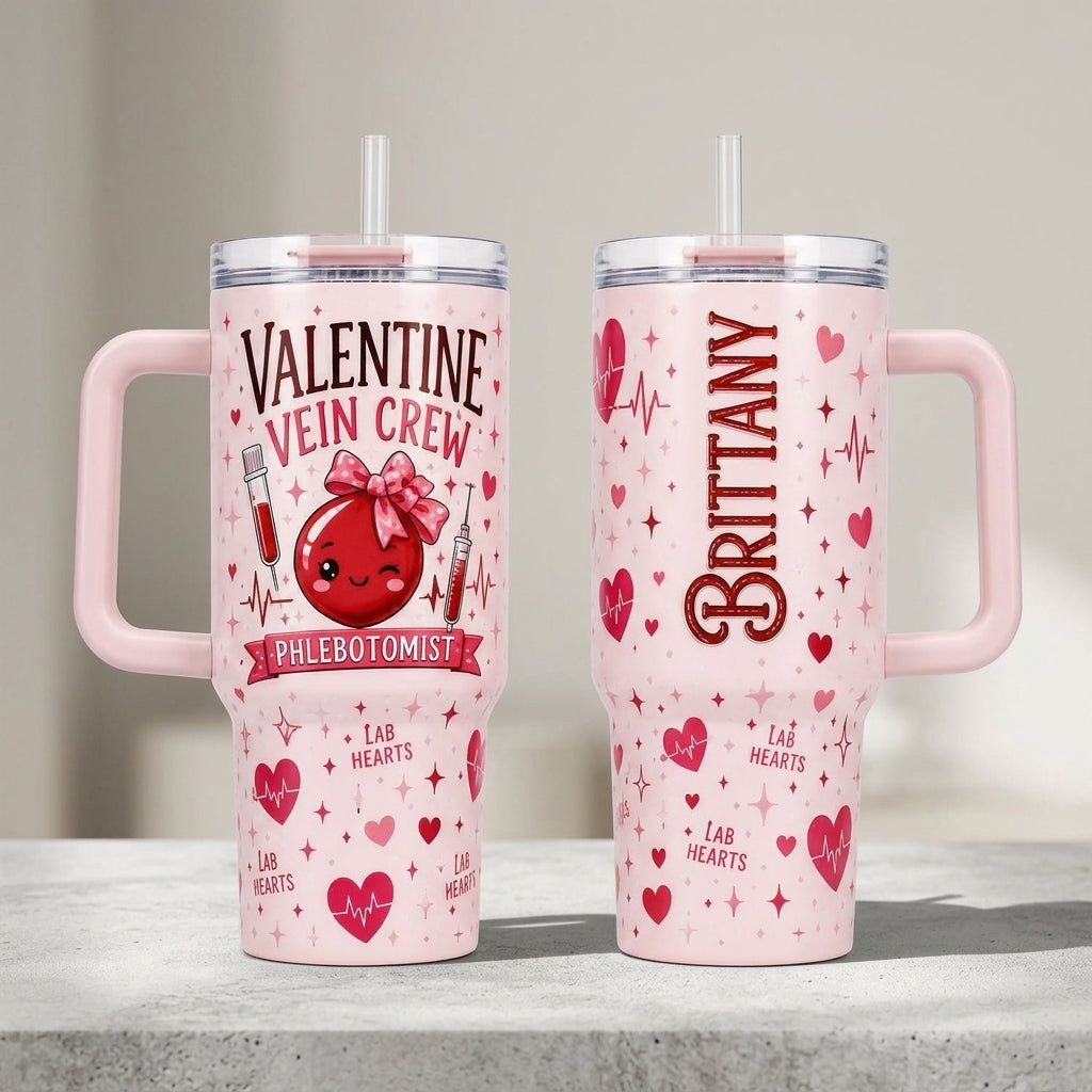 Personalized Valentine Vein Crew Phlebotomist 40oz Tumbler with Handle - Custom Name Gift for Lab Techs