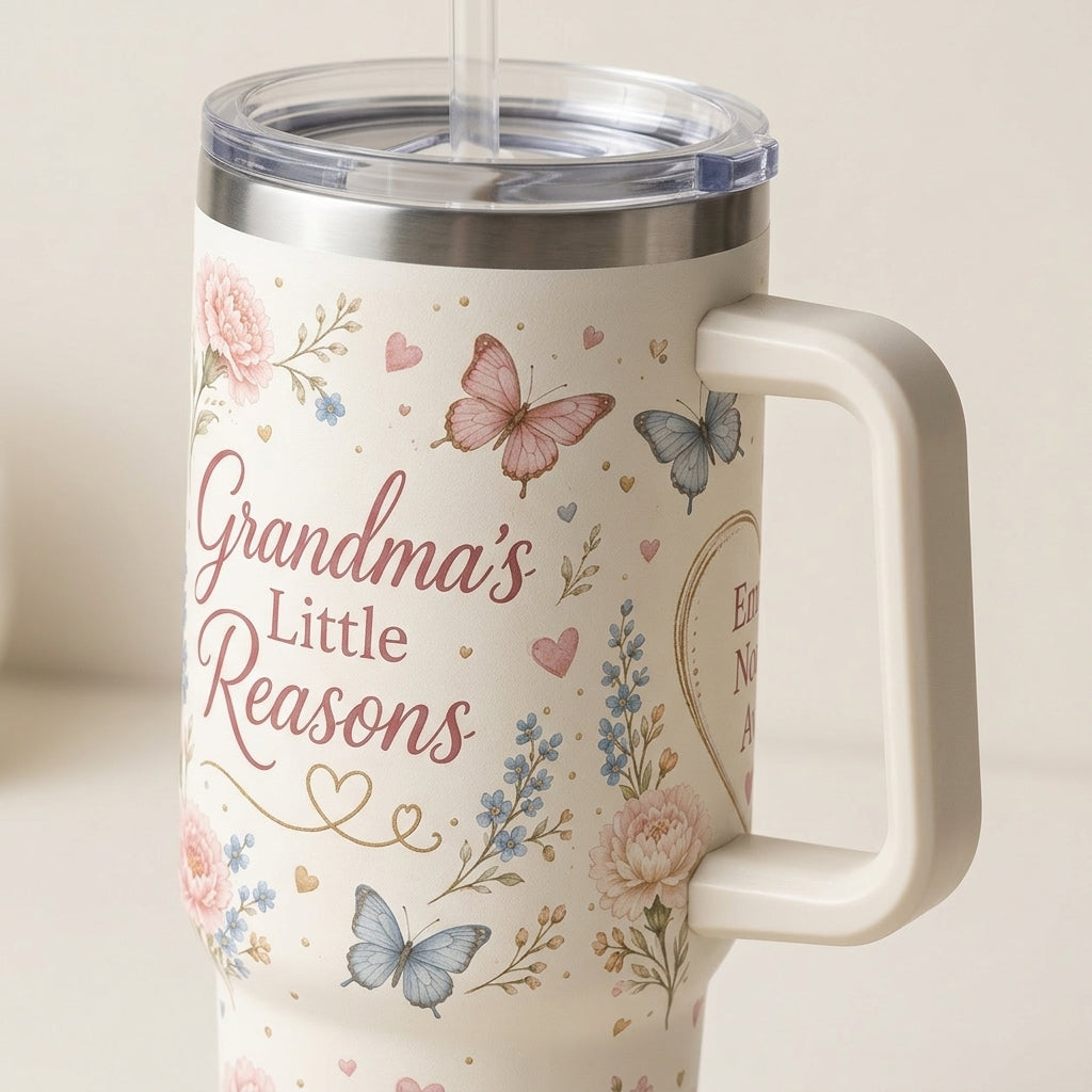 Personalized Grandma's Little Reasons 40oz Tumbler with Handle, Custom Grandkids Names Floral Mug