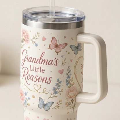 Personalized Grandma's Little Reasons 40oz Tumbler with Handle, Custom Grandkids Names Floral Mug