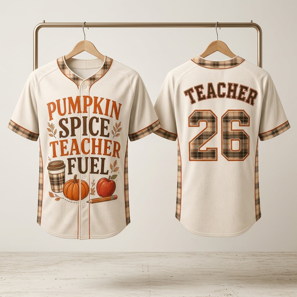 Personalized Pumpkin Spice Teacher Fuel Baseball Jersey - Custom Name & Number Fall Autumn Teacher Gift