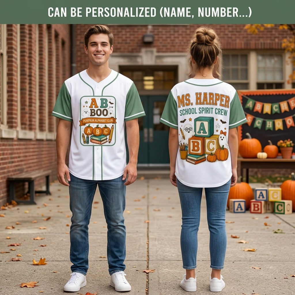 Personalized Teacher Halloween Baseball Jersey - Custom Name School Spirit Crew Pumpkin Alphabet Club Shirt