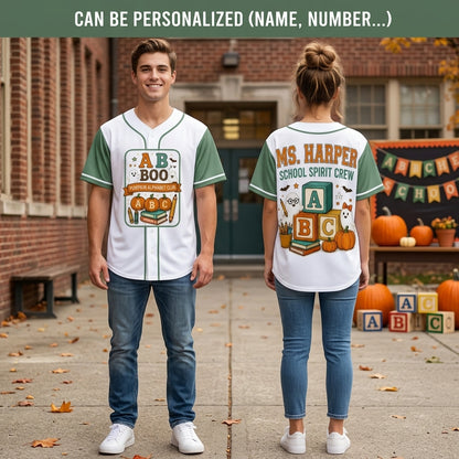 Personalized Teacher Halloween Baseball Jersey - Custom Name School Spirit Crew Pumpkin Alphabet Club Shirt