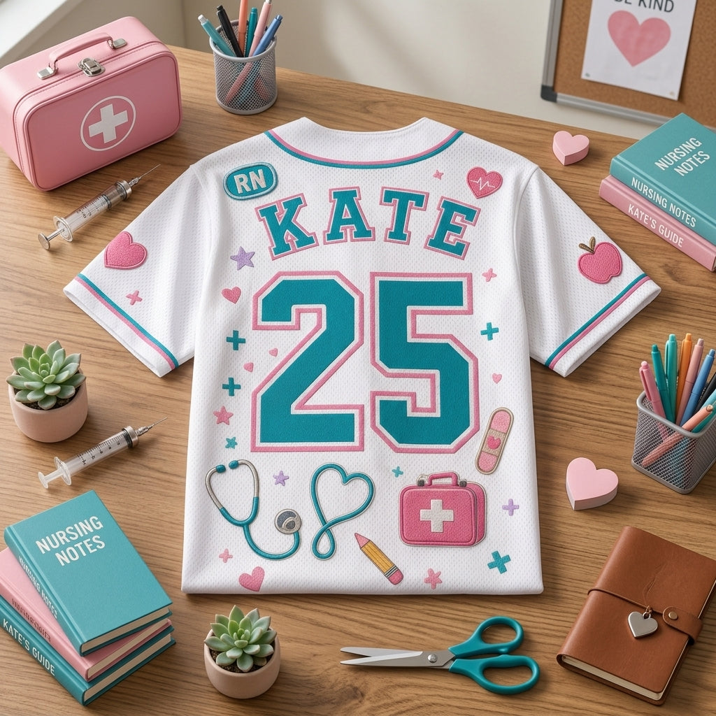 Personalized School Nurse Baseball Jersey - Custom Name and Number RN Medical Team Shirt - White Athletic Jersey