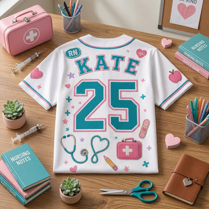 Personalized School Nurse Baseball Jersey - Custom Name and Number RN Medical Team Shirt - White Athletic Jersey