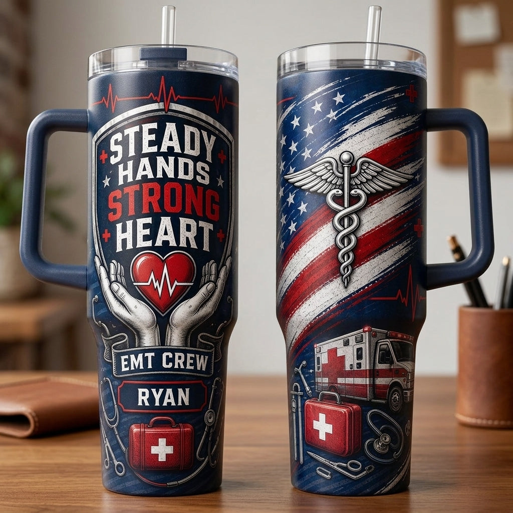 Personalized EMT Crew 40oz Tumbler with Handle - Steady Hands Strong Heart Custom Name Gift for Paramedics