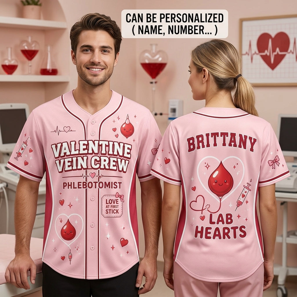 Personalized Phlebotomist Valentine Vein Crew Baseball Jersey - Custom Name Lab Hearts Nursing Shirt