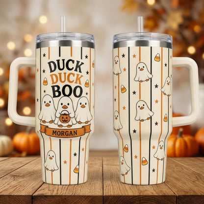 Personalized Duck Duck Boo 40oz Tumbler with Handle - Custom Halloween Ghost Ducks Travel Mug