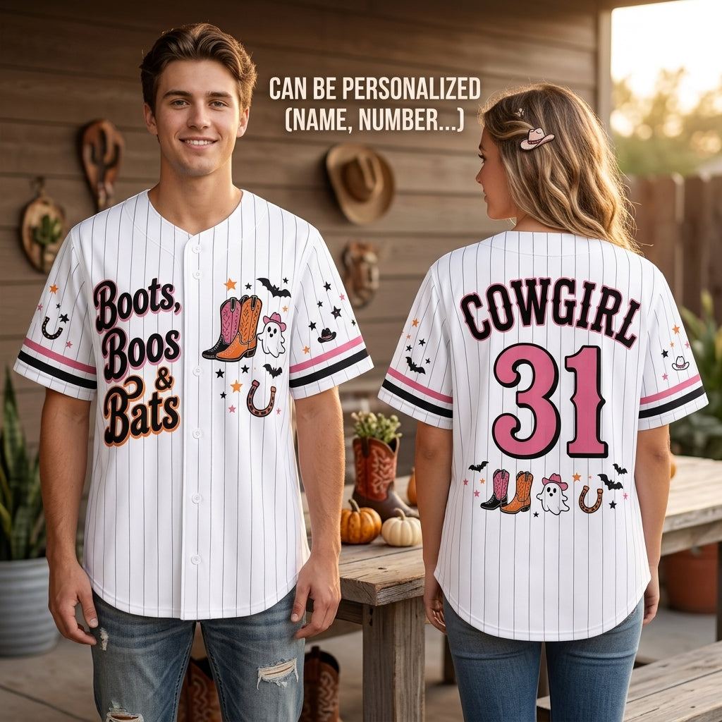 Personalized Boots Boos & Bats Halloween Baseball Jersey - Custom Cowgirl Ghost Western Baseball Shirt