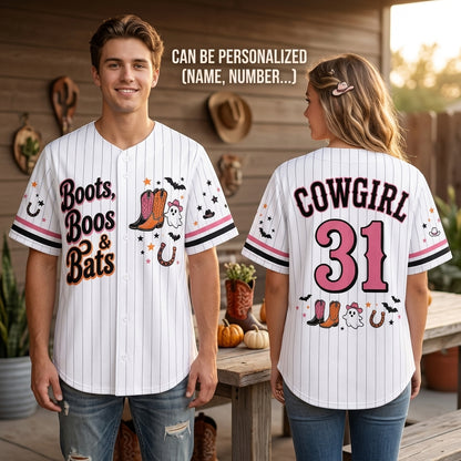 Personalized Boots Boos & Bats Halloween Baseball Jersey - Custom Cowgirl Ghost Western Baseball Shirt