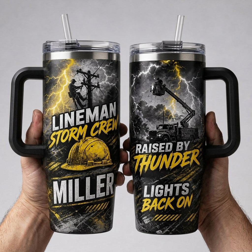 Personalized Lineman Storm Crew 40oz Tumbler with Handle - Custom Name Electrician Gift