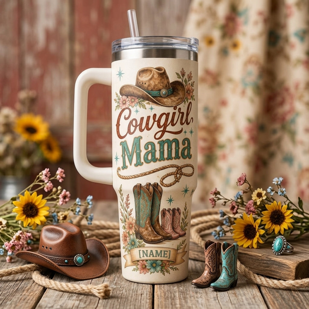Personalized Cowgirl Mama 40oz Tumbler with Handle - Custom Western Floral Mama Gift - Insulated Travel Mug
