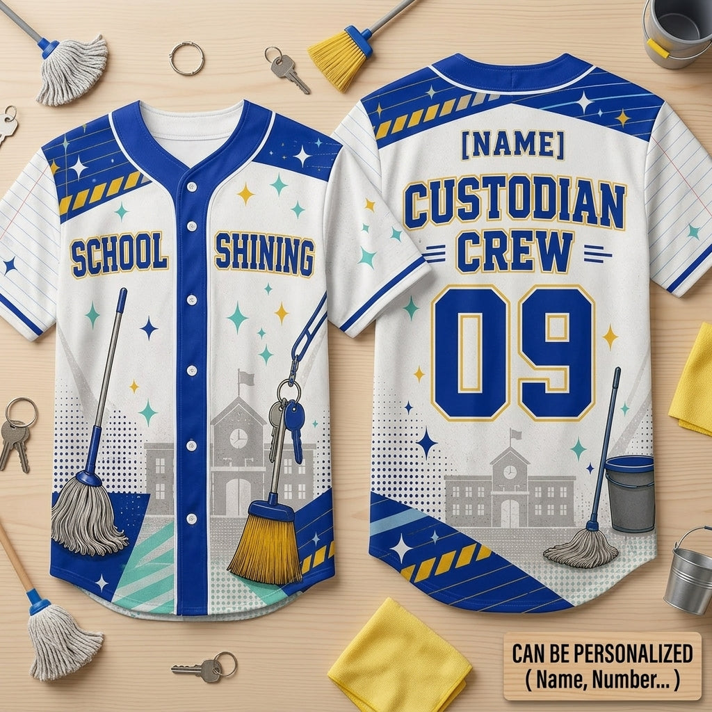 Personalized School Custodian Crew Baseball Jersey - Custom Name and Number Janitor Uniform Gift