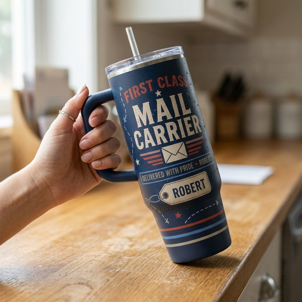 Personalized First Class Mail Carrier 40oz Tumbler with Handle - Custom Name Postal Worker Gift