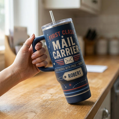 Personalized First Class Mail Carrier 40oz Tumbler with Handle - Custom Name Postal Worker Gift