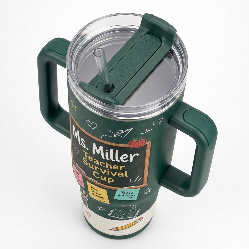 Personalized Teacher Survival Cup 40oz Tumbler with Handle - Custom Name Chalkboard School Gift