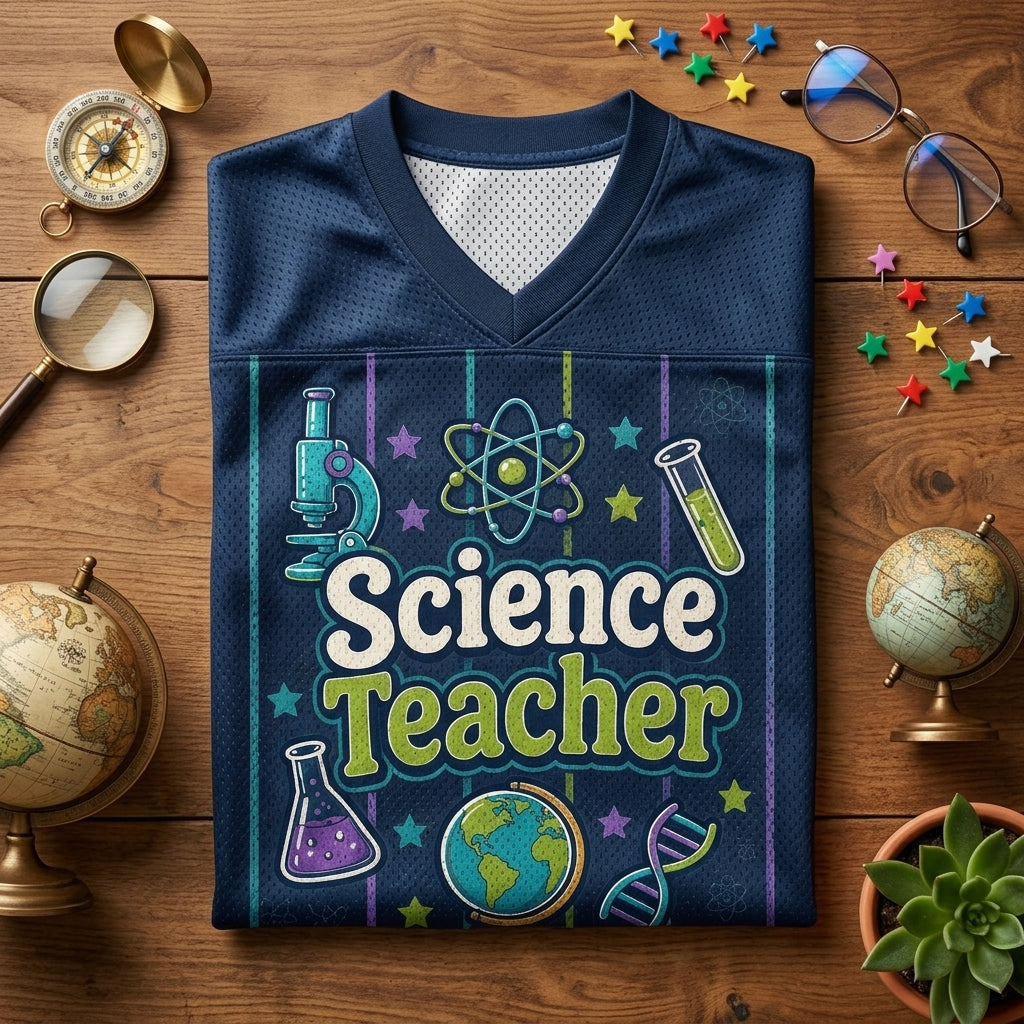 Personalized Science Teacher Football Jersey - Custom Name Curiosity Crew STEM Gift for Educators