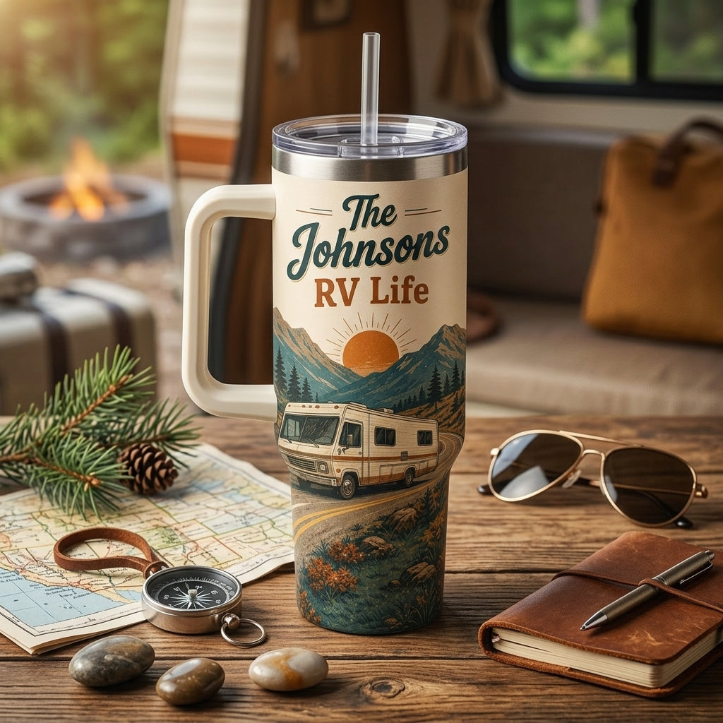 Personalized RV Life 40oz Tumbler with Handle - Custom Name Road Trip Gift for Campers