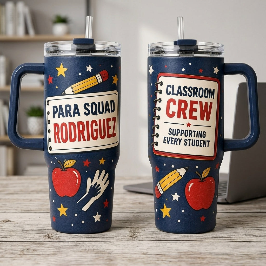 Personalized Para Squad Custom Name 40oz Tumbler with Handle - Classroom Crew Teacher Assistant Gift