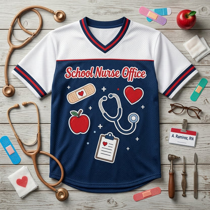 Personalized School Nurse Office Football Jersey - Custom Name & Number Hybrid Mesh Shirt